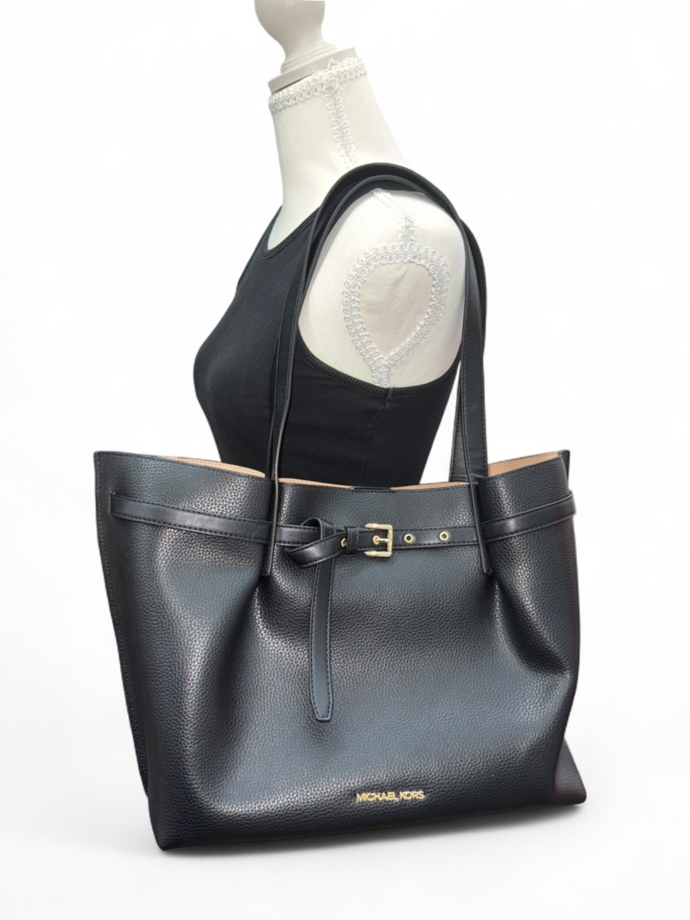 Michael Kors Black Pebbled Leather Shoulder Tote with Gold Hardware